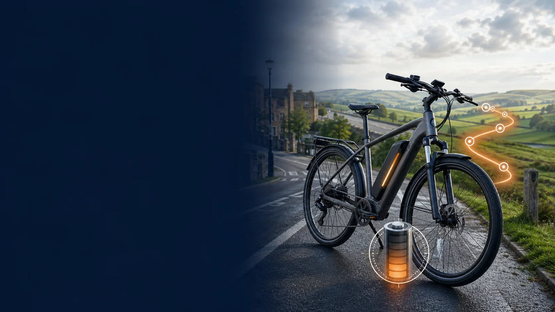 E-bike battery range route from a British town into rolling countryside