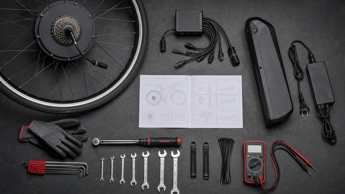 E-bike conversion kit installation tools, motor wheel, controller and battery arranged safely on a workshop bench