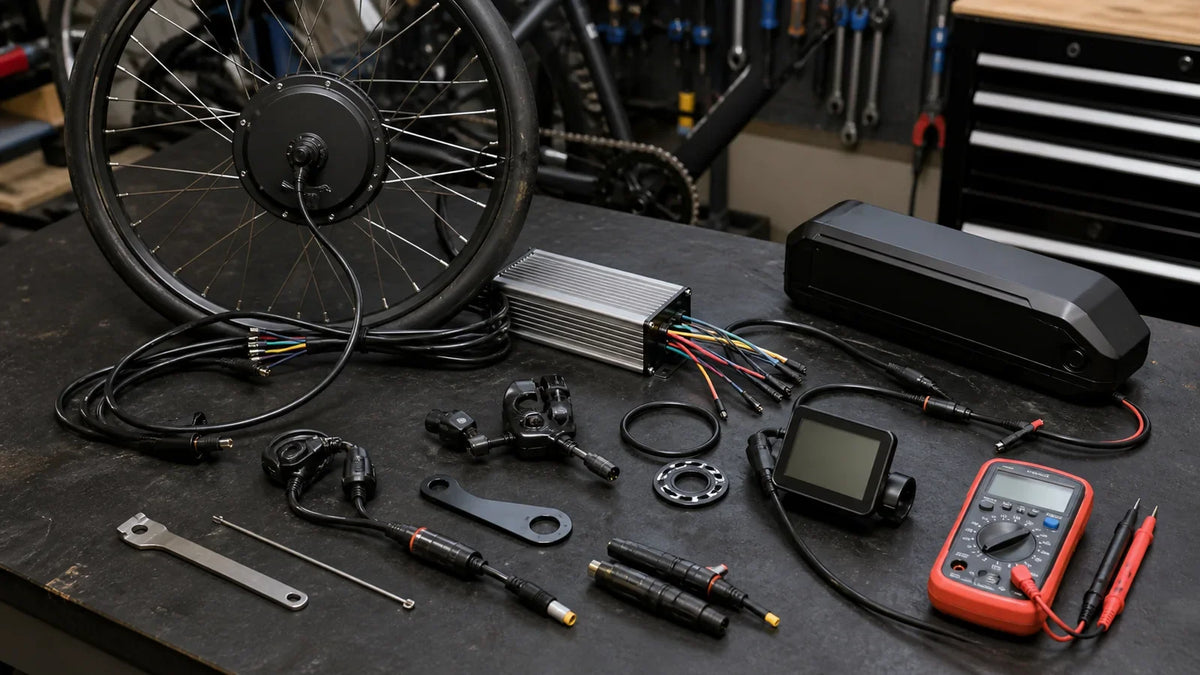 E-bike conversion kit components arranged on a workshop bench for troubleshooting