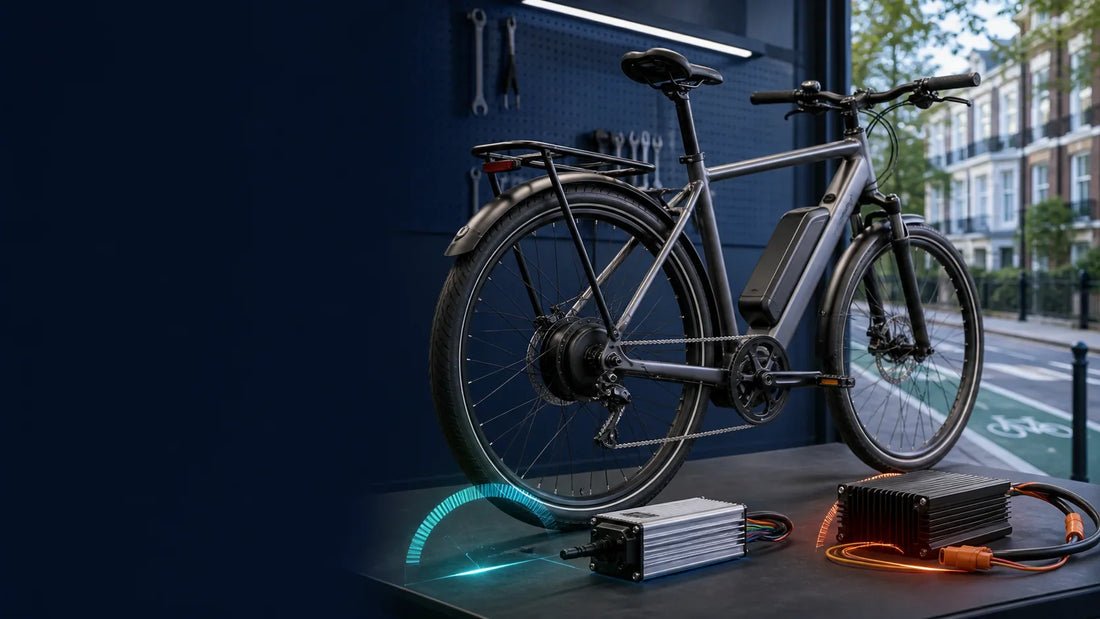 E-bike motor and controller comparison in a workshop beside a UK cycle lane