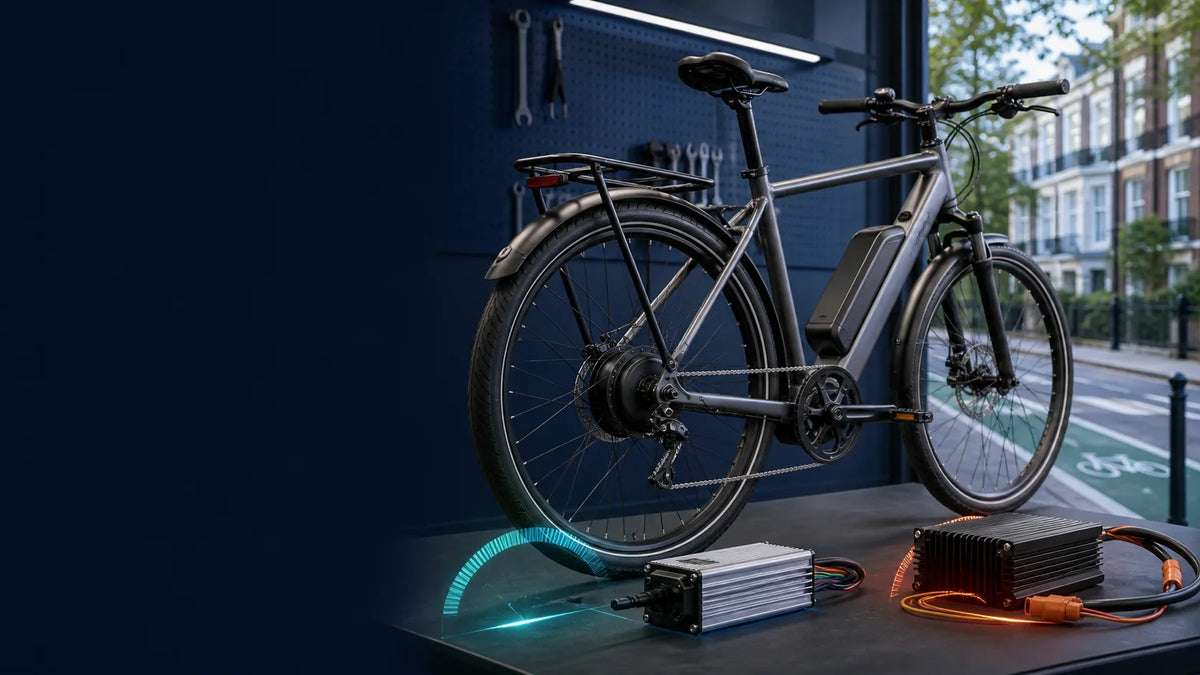 E-bike motor and controller comparison in a workshop beside a UK cycle lane