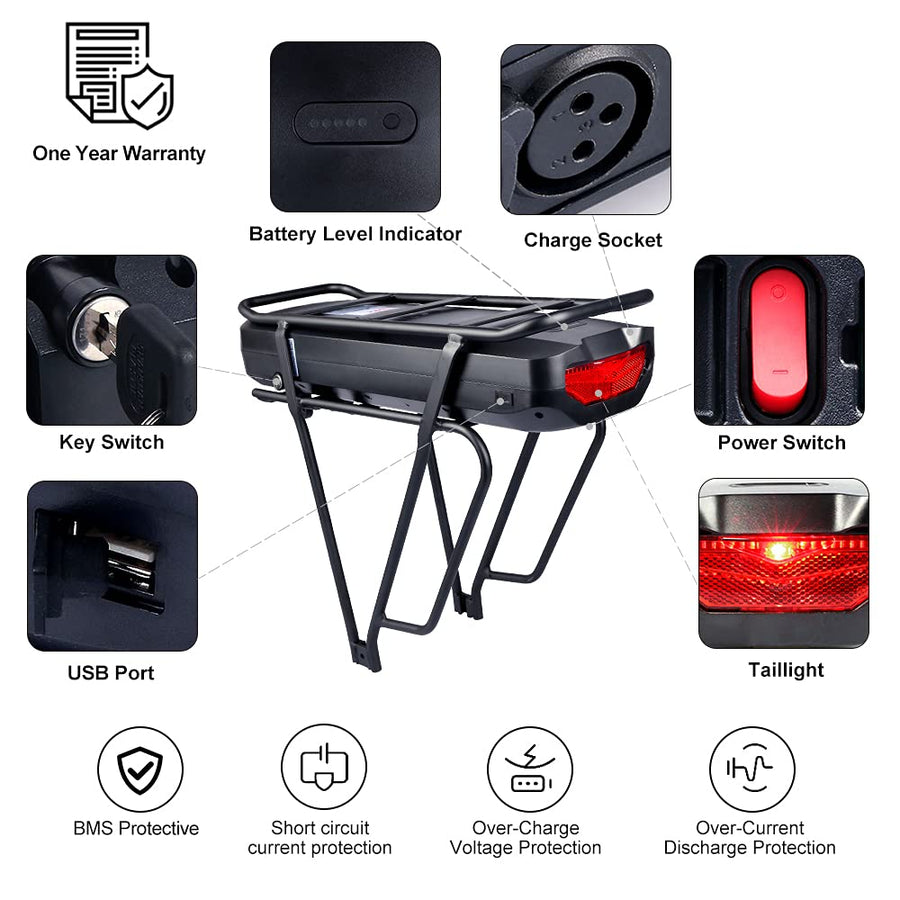 36V–52V Rear Rack E-Bike Battery 17.5Ah–22.5Ah – product image 3