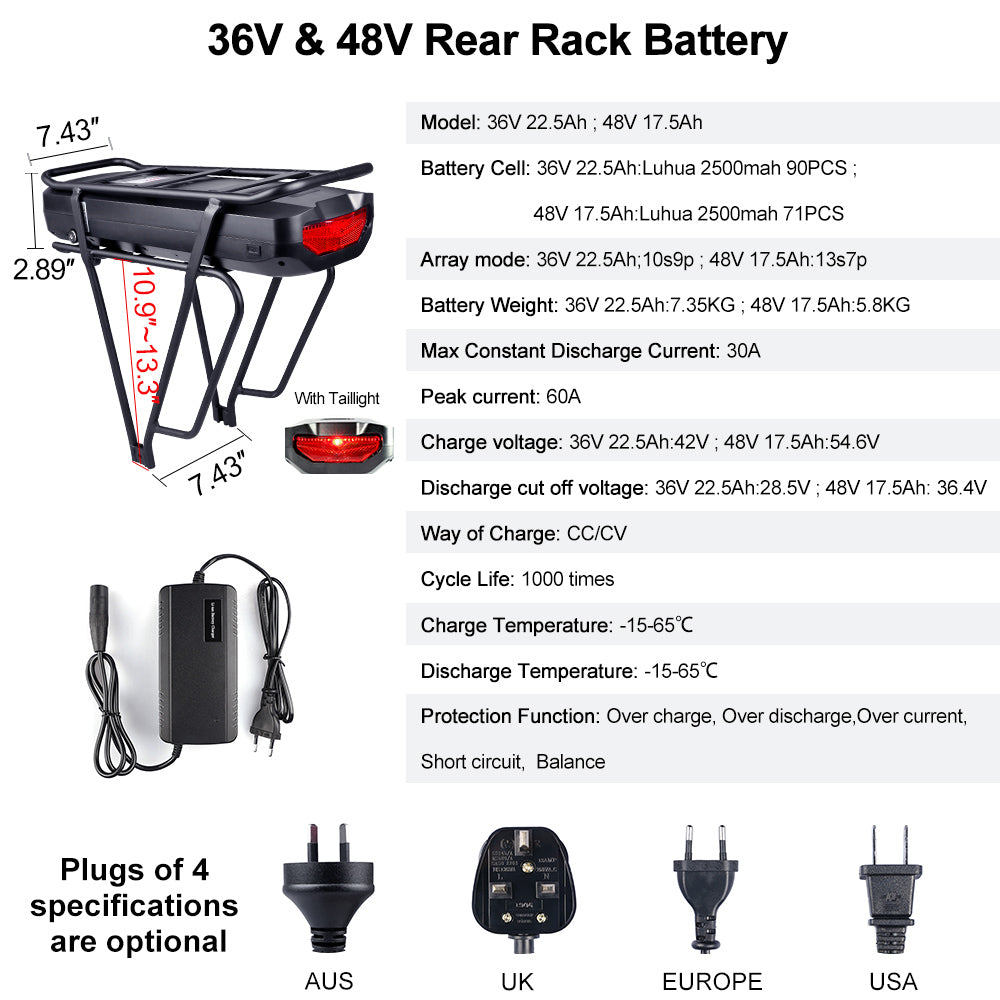 Best 36V–52V Rear Rack e-Bike Battery 17.5Ah–22.5Ah Panasonic Cells | Professional e-Bike Kit Battery for Bafang Mid Drive & Hub Motors | High-Performance Lithium Battery with Smart BMS