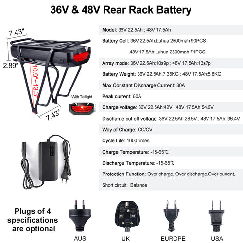 36V–52V Rear Rack E-Bike Battery 17.5Ah–22.5Ah – product image 2