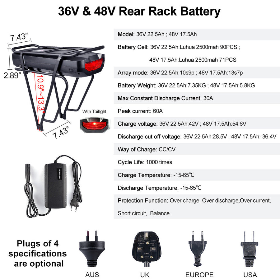 36V–52V Rear Rack E-Bike Battery 17.5Ah–22.5Ah – product image 2